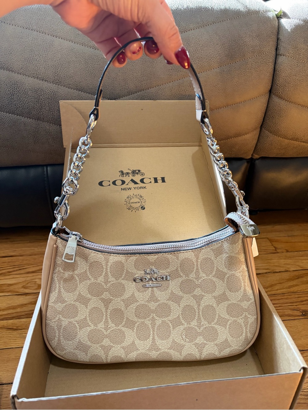 Coach Beige Signature Canvas Shoulder Bag with Silver Chain Strap